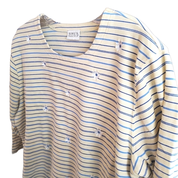 90s Y2K tee shirt floral striped scoop neck 3/4 sleeve casual yellow blue wm XL - Picture 4 of 10